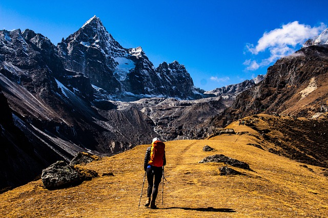 Adventurers hiking through a rugged mountain landscape